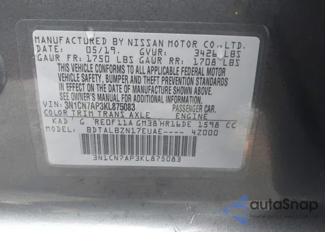 2019 Nissan Versa 1.6 Sv from USA, damaged, VIN 3N1CN7AP3KL875083